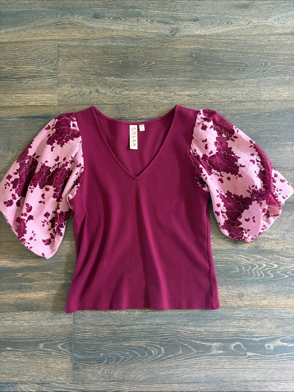 Anthropologie Plum V-Neck Top with Pink Floral Puff Sleeves